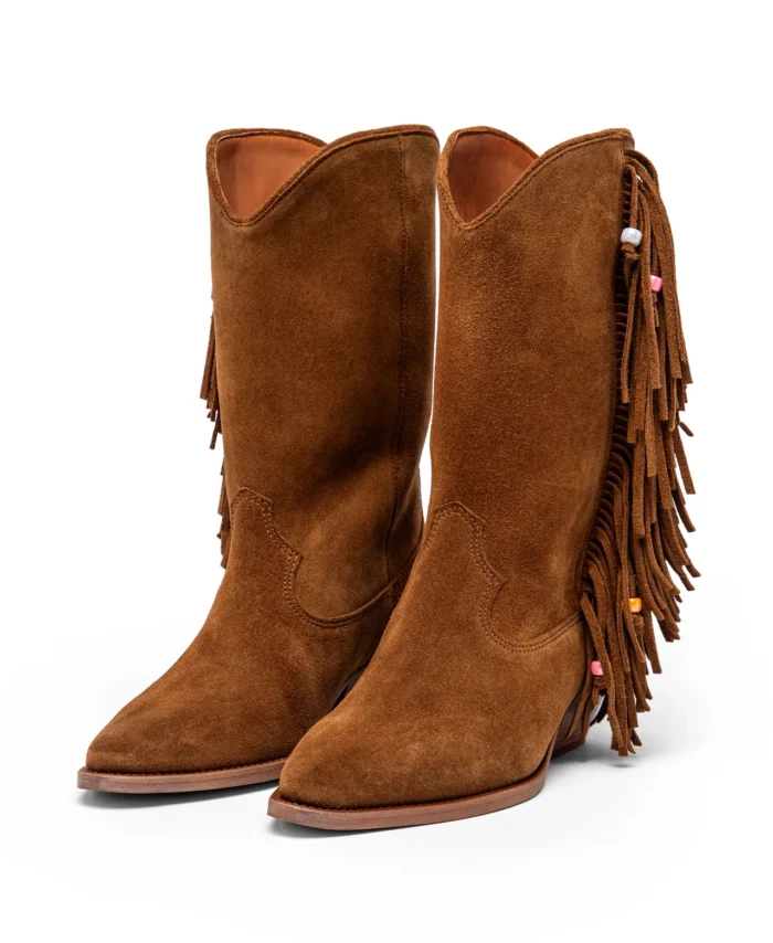 Botas Cowboy em Camurça Castanha com Franjas