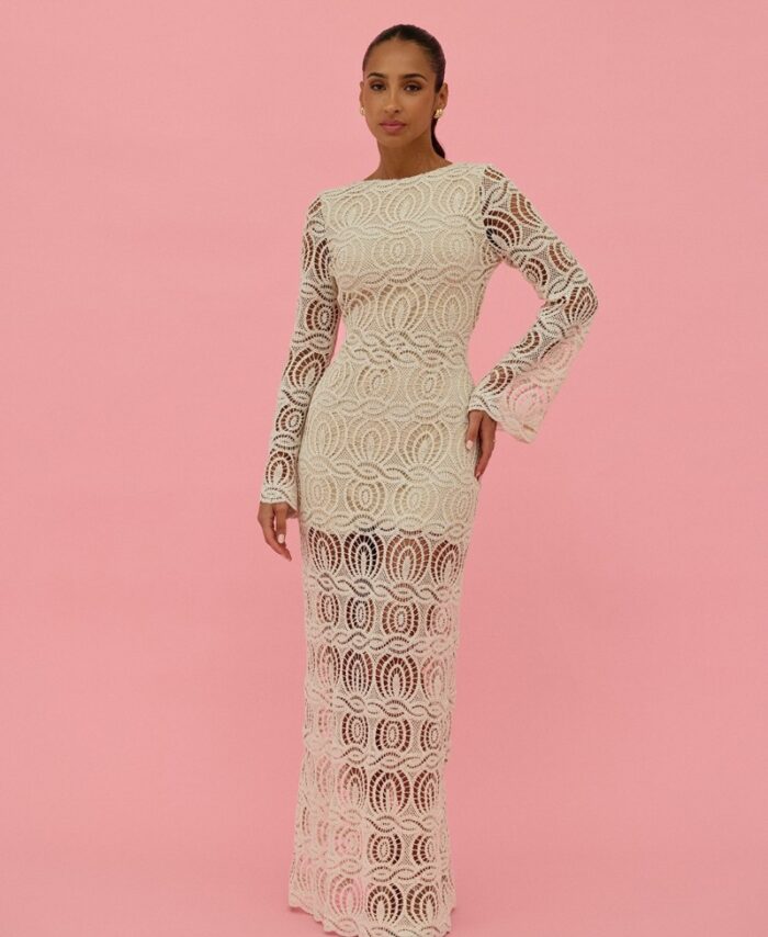 Vestido comprido em renda com decote V na costa SCRIPTA