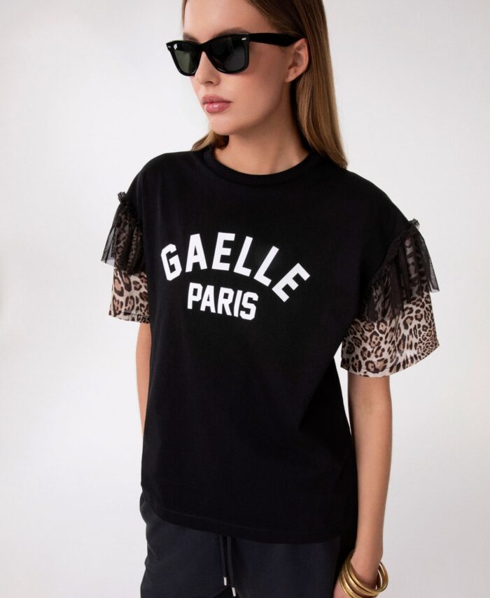 T-shirt de Gola Meia Manga com Detalhe de Manga de Cetim GAëLLE PARIS
