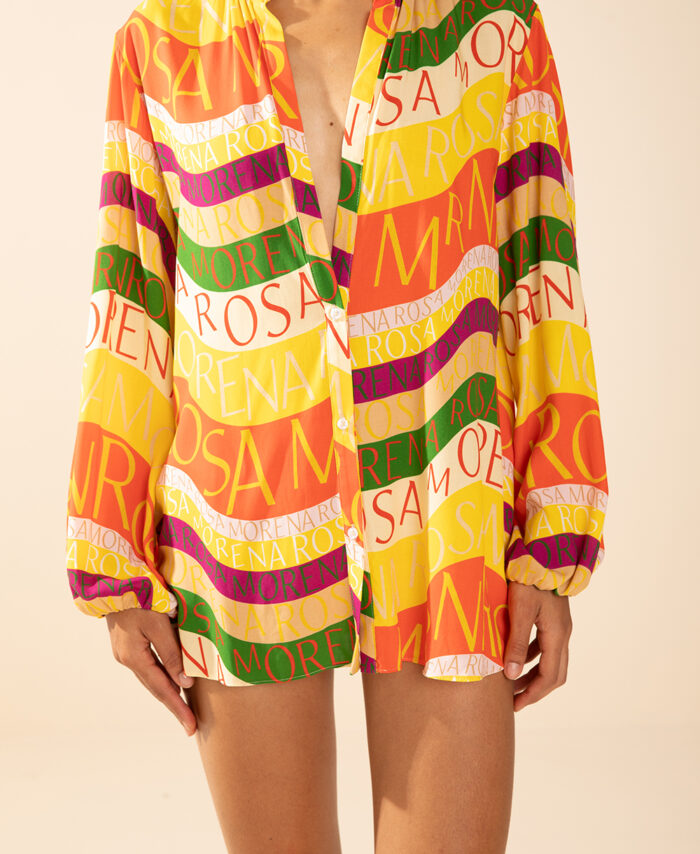 Camisa solta gola padre manga longa padrão Morena Rosa