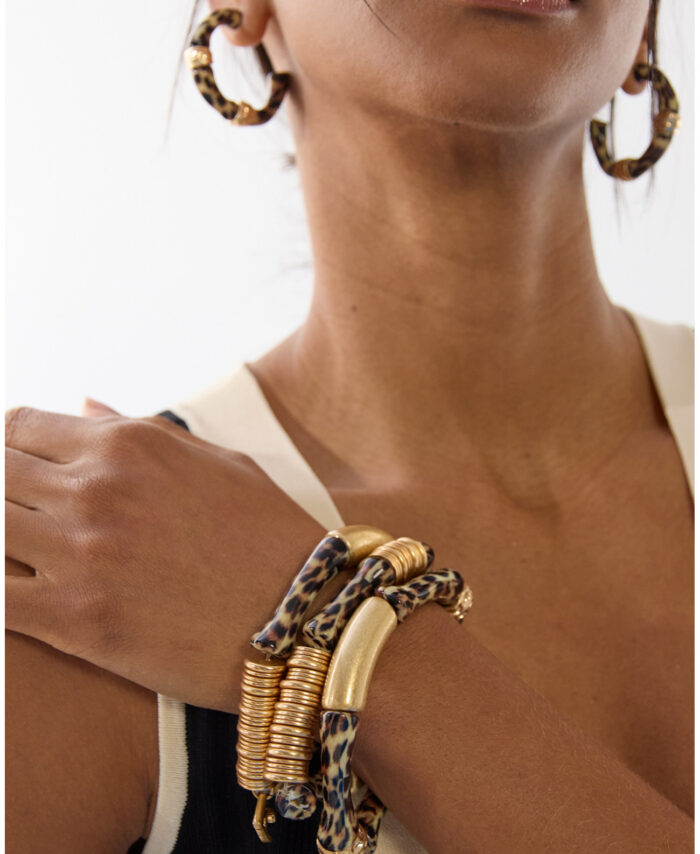 CONJUNTO DE PULSEIRAS ELÁSTICAS COM PEÇAS METÁLICAS EFEITO BAMBU ESTAMPA ANIMAL LOLA CASADEMUNT