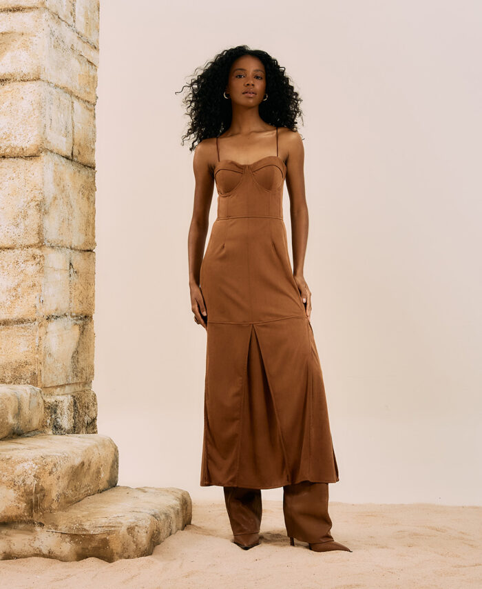 Vestido midi corset em camurça OPEN