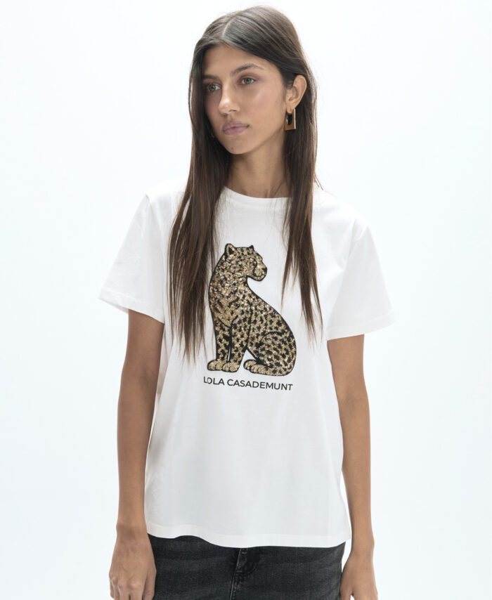 Tshirt gola redonda com leopardo de lantejoulas LOLA CASADEMUNT