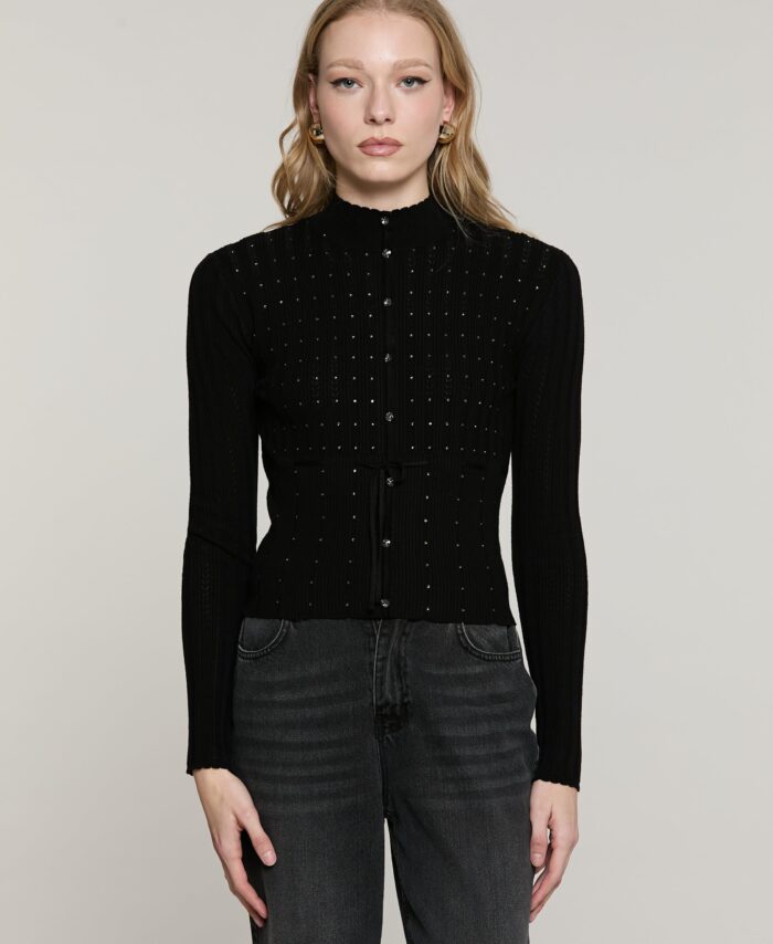 Cardigan ROCHET com strass e cinto — RELISH — Preto