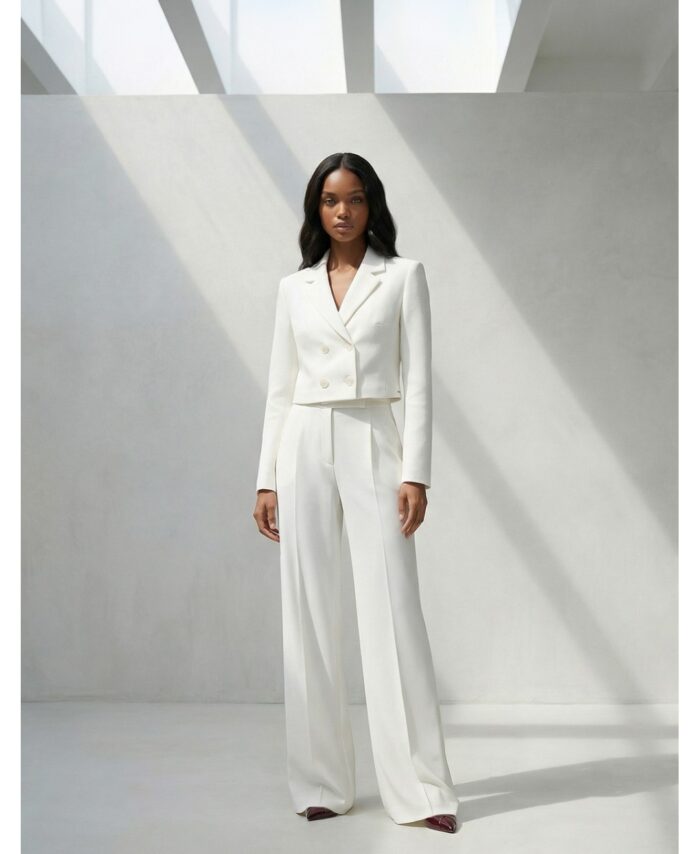 Blazer curto com fecho em trespasse SCRIPTA em pérola, look na modelo